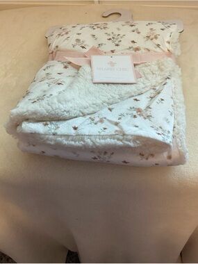 Shabby Chic Floral Sherpa Throw Blanket - White with Pink and Green Accents